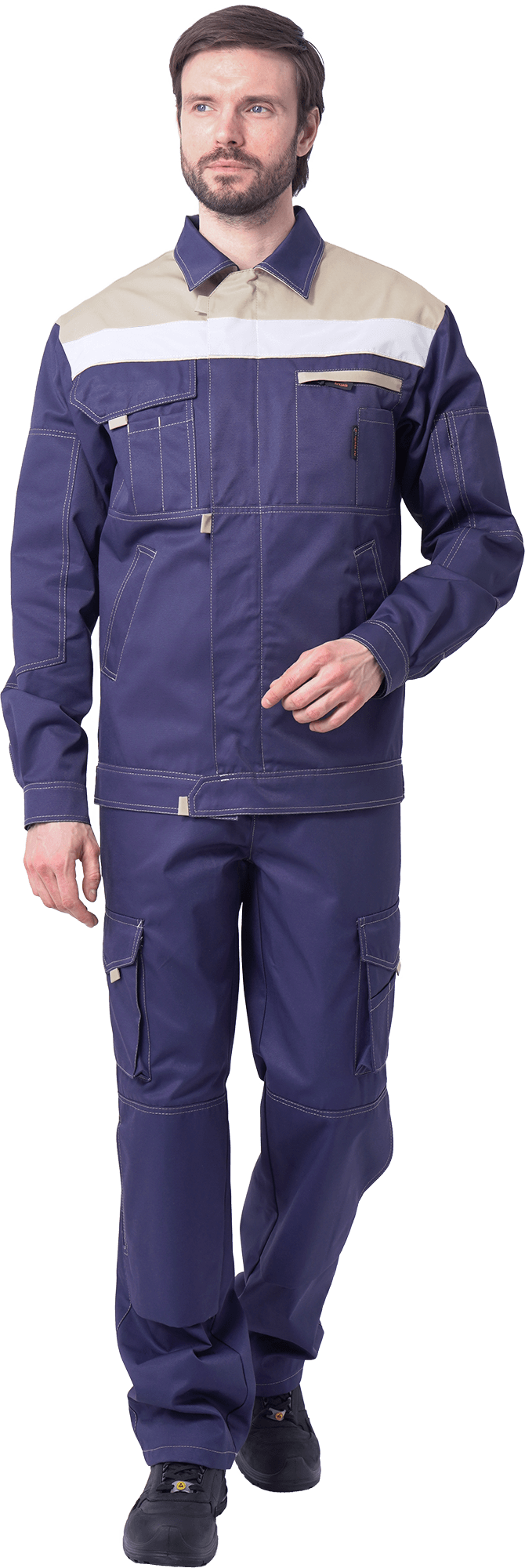 Костюм мужской ДОКЕР от механических воздействий и ОПЗ (куртка, полукомбинезон), темно-синий/бежевый Кос 572