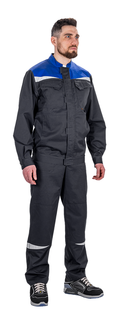 Костюм мужской КМ-10 ЛЮКС АНТИСТАТ летний для защиты от механических воздействий, статического электричества и ОПЗ (куртка, полукомбинезон), т.синий-василек