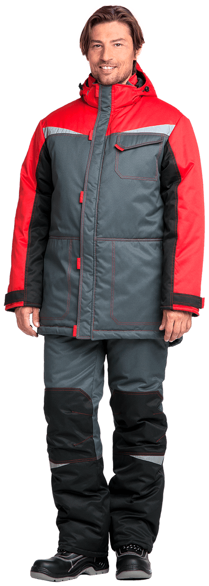 Костюм мужской КМ-10 ЛЮКС от пониженных температур воздуха, механических воздействий и ОПЗ, серый/чёрный/красный Кос 465
